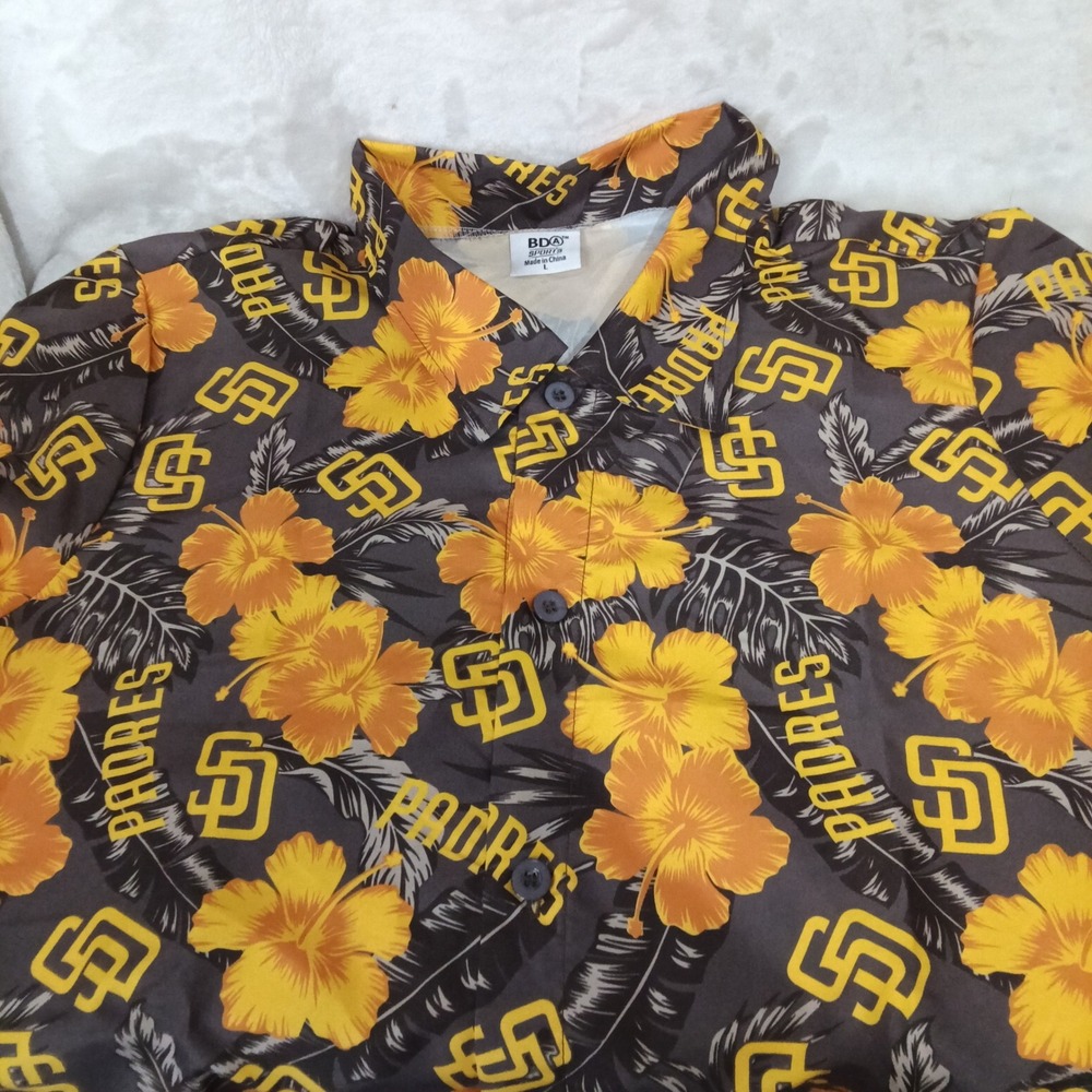 San Diego Padres MLB BDA Sports Tropical Hibiscus Aloha Shirt Mens Large Brown